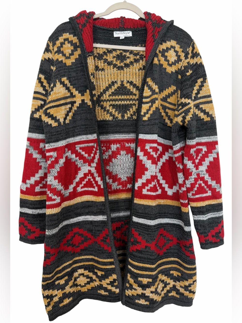 NorthStyle Southwestern Hooded Longline Cardigan Sweater Aztec Inspired Size L